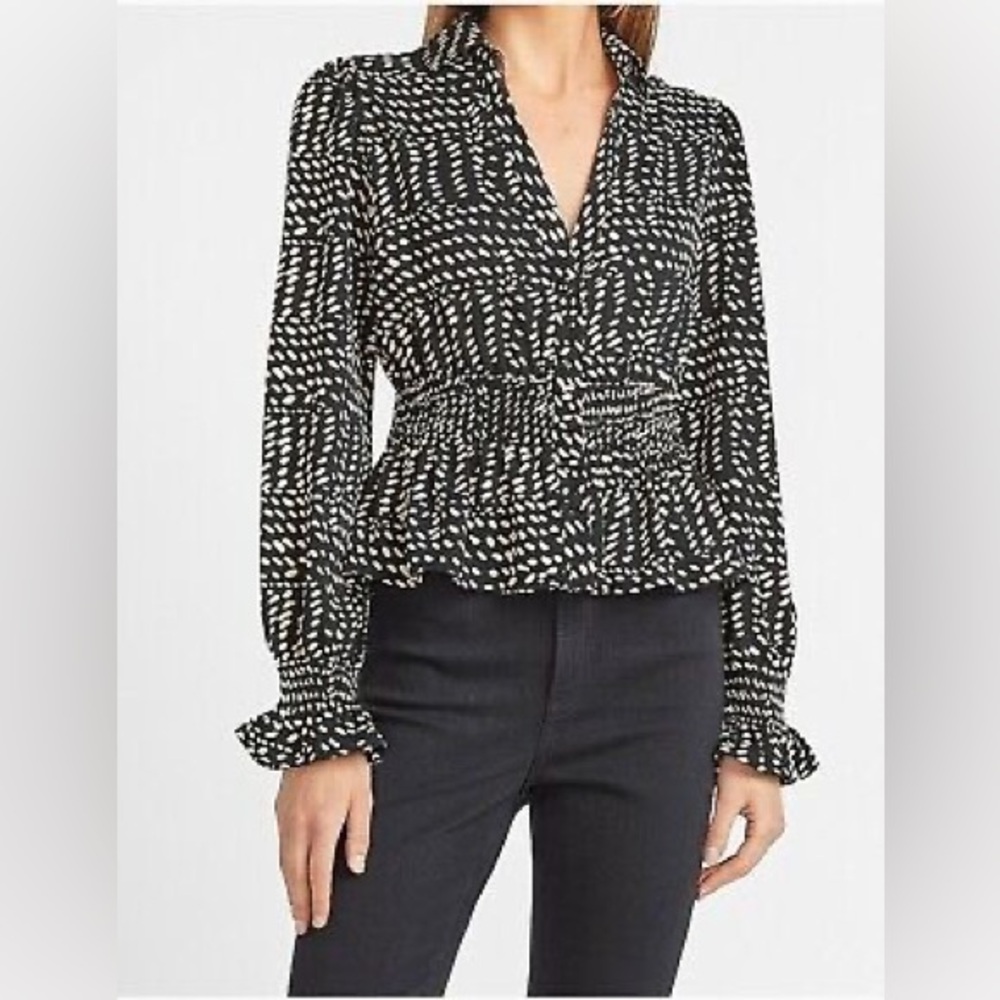 Express | Long Sleeve Black Dotted Blouse | Size Medium
